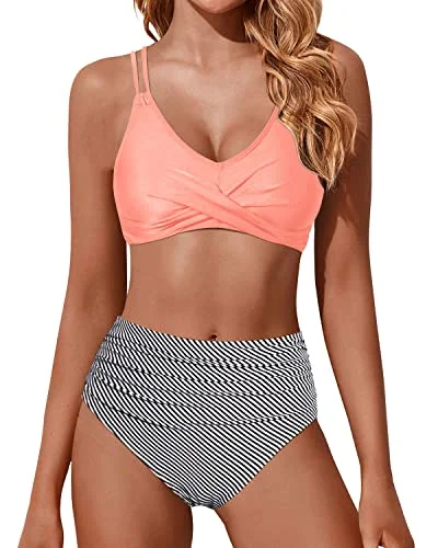 Ruched High Waisted Bikini Set Two Piece Swimsuits Push Up Wrap Swim Suits-Coral Pink Stripe Chic Swimsuit Cover-Up