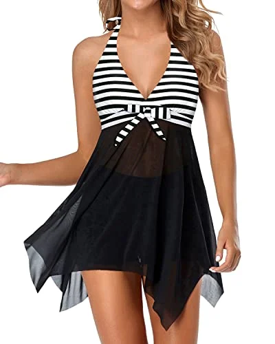 Asymmetrical V Neck Swimdress With Tummy Control Boy Shorts-Black And White Stripe Sporty Swim Shorts