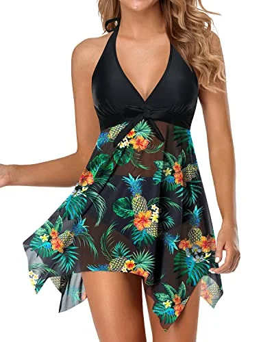 V Neck Two Piece Swimsuit For Women With Tummy Control Boy Shorts-Black Pineapple Stylish Swimsuit Set