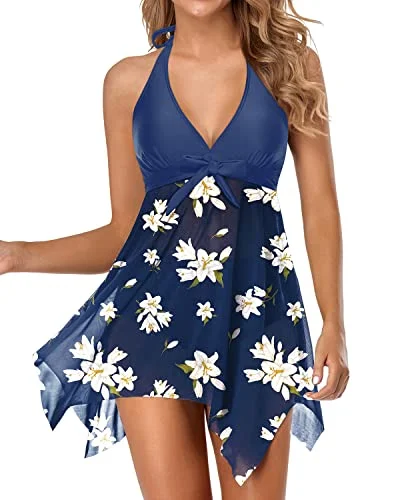 V Neck Swimsuit With Flowy Dress And High Waisted Bottoms-Blue White High-Waisted Swimwear