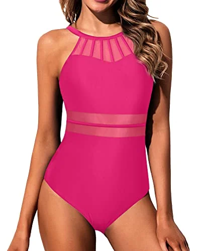 Women High Neck One Piece Swimsuit Tummy Control Halter Slimming Swimwear-Neon Pink Comfortable Swim Dress