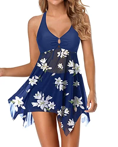 Ladies Mesh Flowy V Neck Halter 2 Piece Swim Dress With Boyshorts-Blue White V-Neck Swim Dress