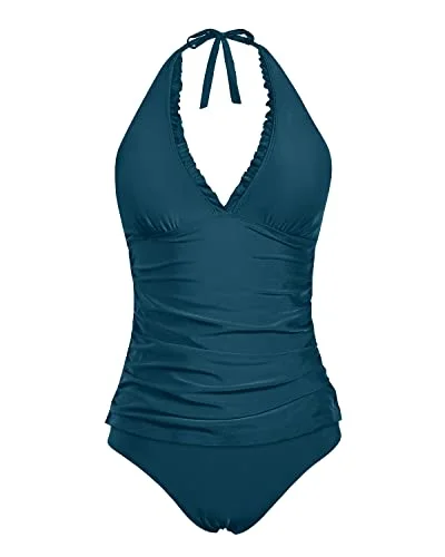 Two Piece V Neck Tankini Swimsuits With Bikini Bottoms For Women-Teal Classic One-Piece