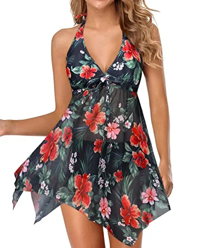 Women's Halter Bathing Suit Dress Two Piece Swim Dress Swimsuit Shiny One-Piece Swimsuit