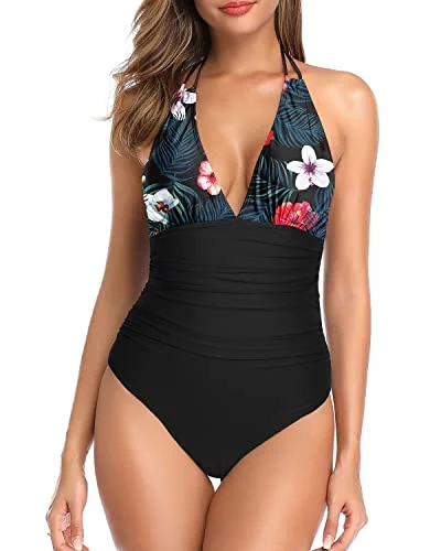 Vintage Women's One Piece Swimsuit Tummy Control Halter Swimwear-Black Floral Chic Beach Cover-Up