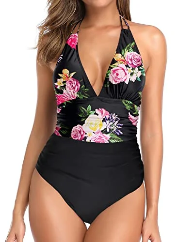 Vintage Women One Piece Swimsuit Tummy Control Plunge V Neck Swimwear-Black Floral Beach Ready Swimsuit