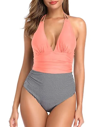 Flattering & Charming Tummy Control Halter One Piece Swimsuit Women-Coral Pink Stripe Quick-Dry Tankini