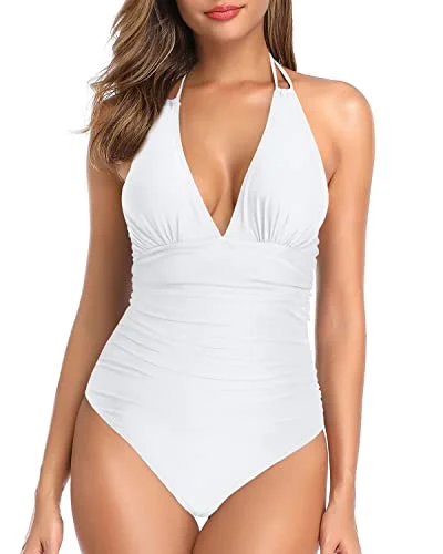 Halter V Neck Sexy Plunge One Piece Swimsuit Women Tummy Control-White Sleek Mesh Bikini