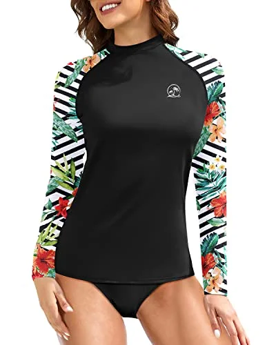 Women's Long Sleeve Rash Guard Swim Top With Upf 50+ Sun Protection-Black And Striped Classic Monokini Design