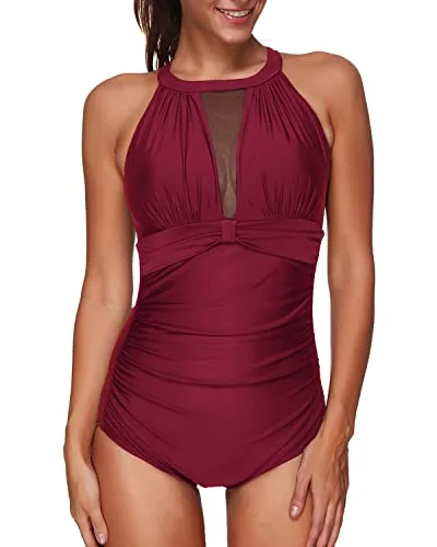 Women's High Neck Mesh Bathing Suit With Tummy Control Swimwear-Maroon Push-Up Bikini Top