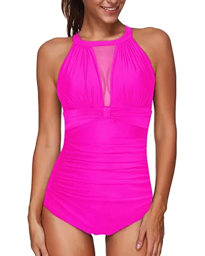 Halter High Neck Mesh Keyhole Back Swimsuit With Tummy Control-Neon Pink Button-Front Swimsuit