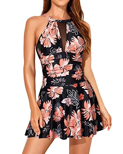 High Neck Removable Padded Cup Swimdress Swimsuits For Women-Black Orange Floral Comfortable Swim Dress