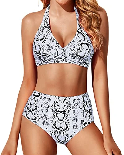 Halter Top Swimsuit With Ruched Tummy Control High Waisted Bikini Set-Snake Print Strapless Swimsuit Top