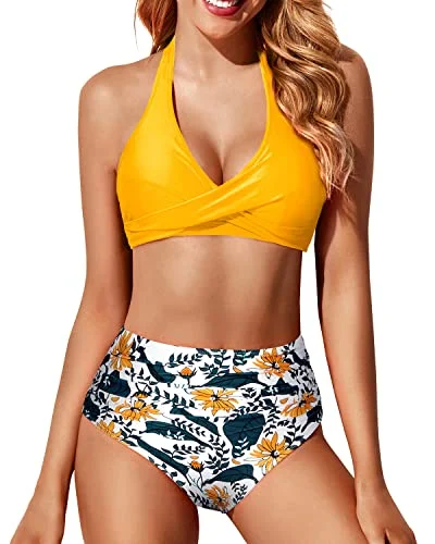 Ruched Twist Front Bikini Top With Bottoms High Waisted Swimsuit-Yellow Floral Strapless Swimsuit Top