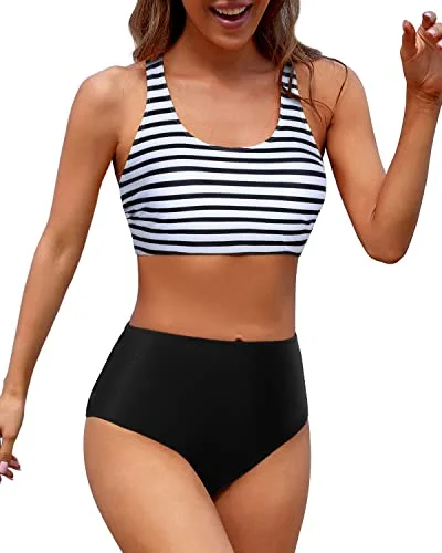 Full Coverage Modest Coverage With Women's Sporty Swimsuit-Black And White Stripe Beachy Ruffle Bikini