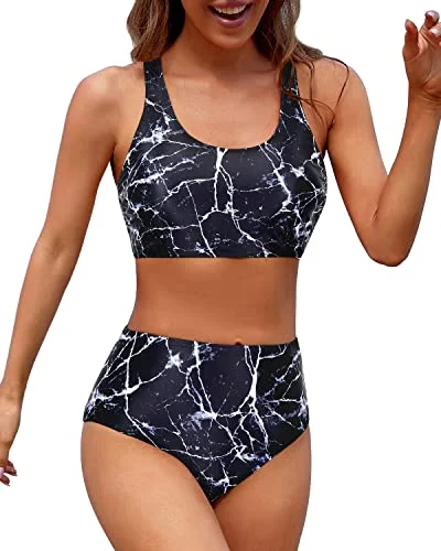 Sporty Women's Two Piece Bikini Sports Crop Top Swimsuit-Black Marble Swim Dress with Belt