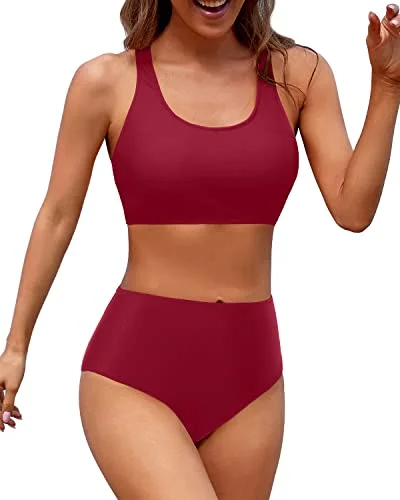 Two Piece Women High Waisted Bikini Sports Crop Top Swimsuit-Red Mesh Panel Swimwear