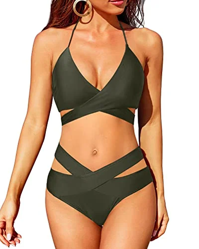 Crossed V Shaped Waist Wrap Bandage Bikini Halter Neck Swimsuit-Army Green Sexy Two-Piece Set