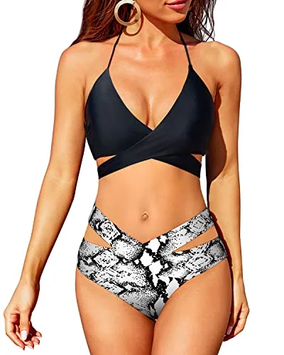 High Leg Criss Cross Bikini High Waisted Push Up Swimsuit-Black And White Snake Print Stylish Cover-Up Set