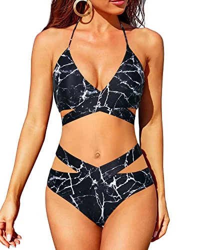 High Waisted Bikini Sets For Women Halter Wrap Criss Cross Two Piece Swimsuit-Black Marble Retro-Inspired Bikini Set