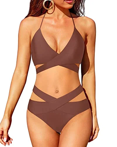 High Leg Two Piece Swimsuit Push Up Criss Cross Bathing Suit-Brown Adjustable Bikini Bottoms