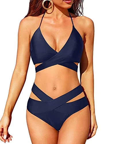 Wrap Bandage Criss Cross Bikini Set High Waisted Push Up Swimsuit-Navy Blue Plunge Neckline Swimsuit