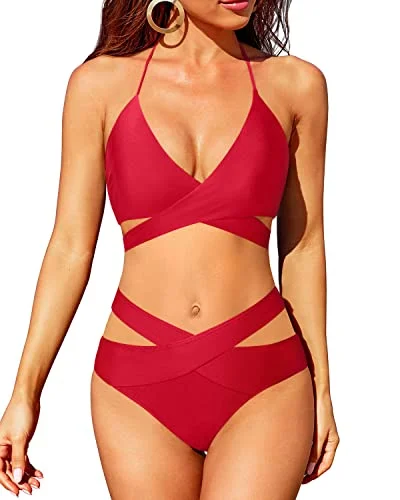 High Leg Women's Bikini Push Up Swimsuit Halter Wrap Bathing Suit-Red Classic Monokini Design