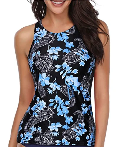 Women's Tummy Control Tankini Top Swimsuit Top-Blue Floral Vibrant Bikini Design