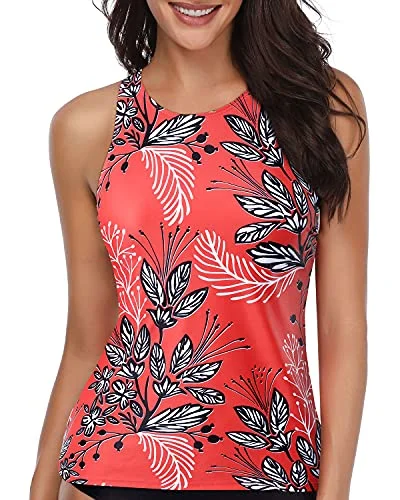 Padded Push Up Bra Tankini Top Tummy Control Swimsuit Top-Red Floral Vintage Swimwear Look