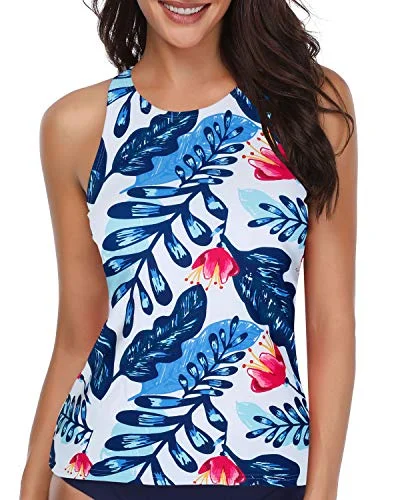 Ladies High Neck Tankini Top Swimwear Modest Bathing Suit Tops-White And Blue Floral Sporty Swimwear Bottoms