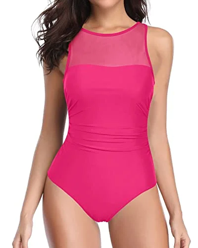 Women High Neck One Piece Swimsuits For Women Open Back Swimwear-Neon Pink Push-Up Bikini Top