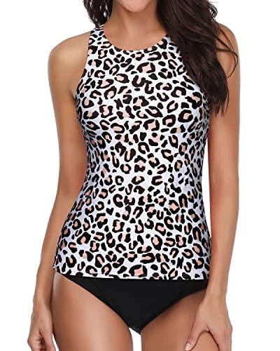 Deep Scoop Back Tankini Swimsuits For Women-Black And Leopard Trendy Swimsuit Bottoms