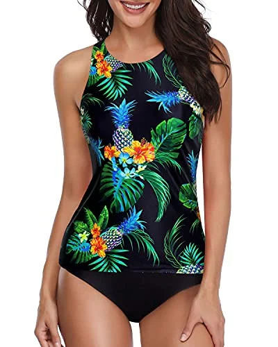 Trendy Tummy Control Tankini 2 Piece Swimsuit With Shorts-Black Pineapple Full Coverage Swimsuit