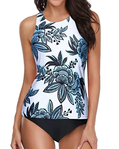 Tummy Control Slimming Tankinis For Women-White And Blue Floral Swimsuit with Skirt