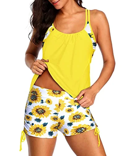 Criss Cross Tankini Swimsuits Two Piece Tummy Control Bathing Suits-Yellow And Sunflower Elegant Swimsuit Bottoms