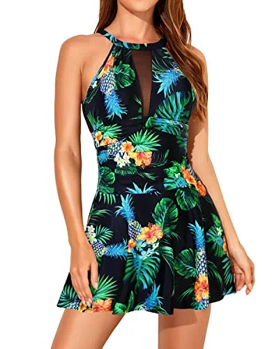 Women's One Piece High Neck Swimdress Tummy Control Halter Swimsuit Dress Ruched Swimwear Set