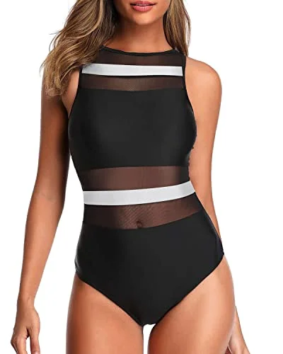 Women's Open Back High Neck One Piece Swimsuits Stylish Mesh Swimwear Shiny One-Piece Swimsuit