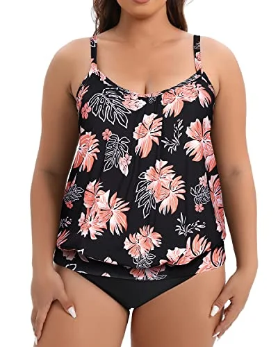 Women's Plus Size Crew Neck Blouson Tummy Control High Waisted Tankini Set With Built-In Brief-black orange floral1 Mesh Swimsuit Top