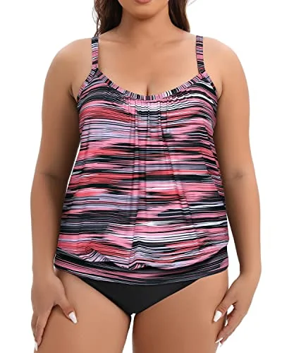 Blouson Tankini Tops With Swim Bottoms For Women-Pink Stripe Summer Ready Swimsuit