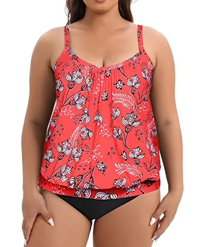 Maternity Swimsuits With Blouson Design For Women-Red Floral Floral Bikini Top