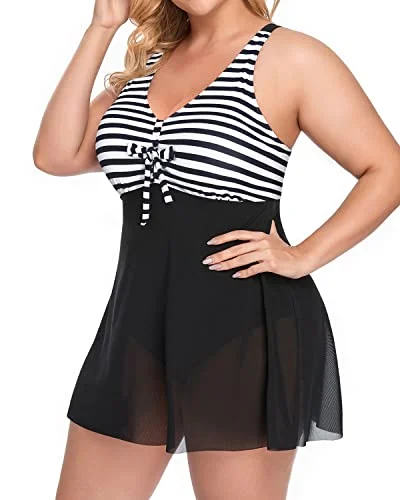 Plus Size Tummy Control Swimsuit For Women Swimdress-Black And White Stripe Halter Neck Swimsuit