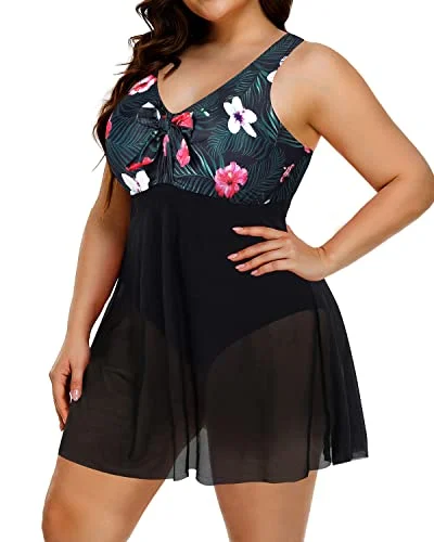 V Neck Plus Size Tummy Control Swimsuit For Women-Black Floral Floral Print Swimsuit