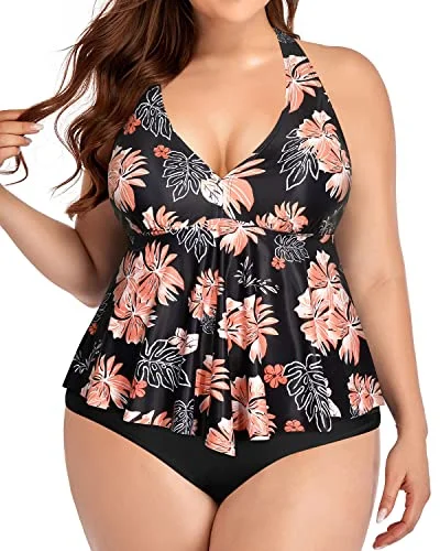 Plus Size Tummy Control Halter Tankini Top With Bottoms-Black Orange Floral Sporty Racerback Swimsuit