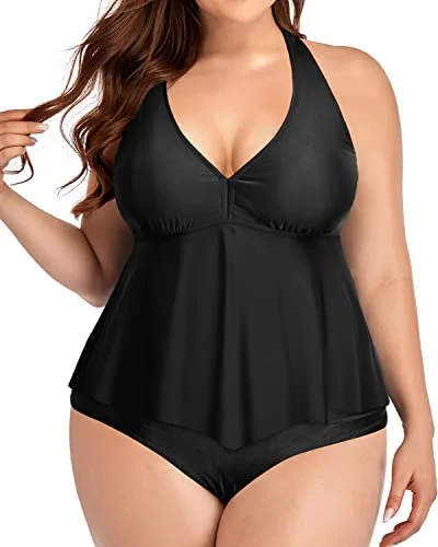 Ruffle Plus Size Halter High Waisted Tankini Set For Women-Black Minimalist One-Piece