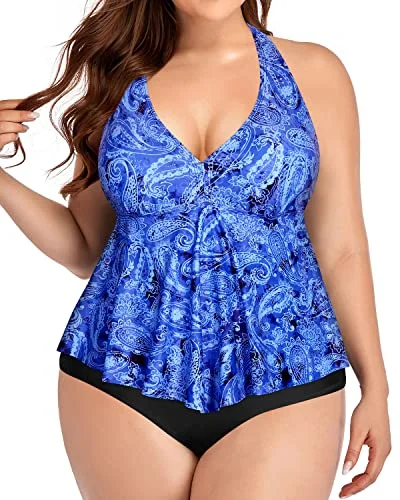 Ruffle Plus Size Two Piece High Waisted Swimsuits For Women-Blue Tribal Tie-Back Swimwear