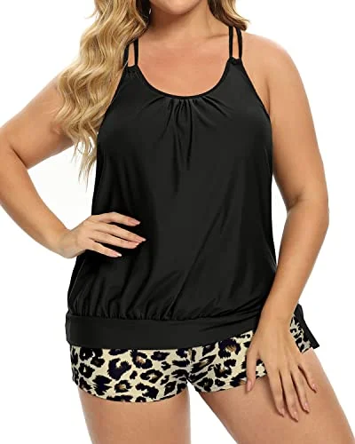 Blouson Tummy Control Plus Size Two Piece Tankini Bathing Suits For Women-Black And Leopard Chic Bikini Set