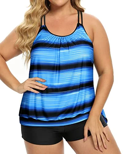 Women Plus Size Two Piece Tankini Swimsuit Tummy Control Bathing Suits-Blue And Black Stripe Casual Swim Dress