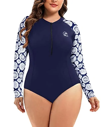 One Piece Plus Size Rash Guard For Women Long Sleeve Swimsuit Zipper Upf 50+-Blue And White Snake Print Monokini Swimsuit Design