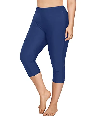 Women Plus Size Swim Capris Long Swim Shorts High Waisted Swim Pants-Blue Classic One-Piece