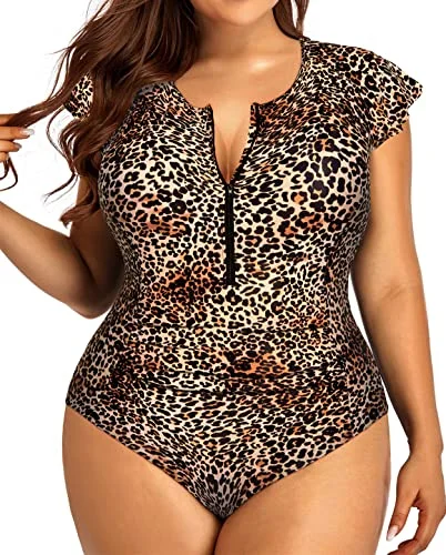 Cap Sleeves Cap Sleeves One Piece Swimsuits For Curvy Women-Leopard Two-Piece Beachwear